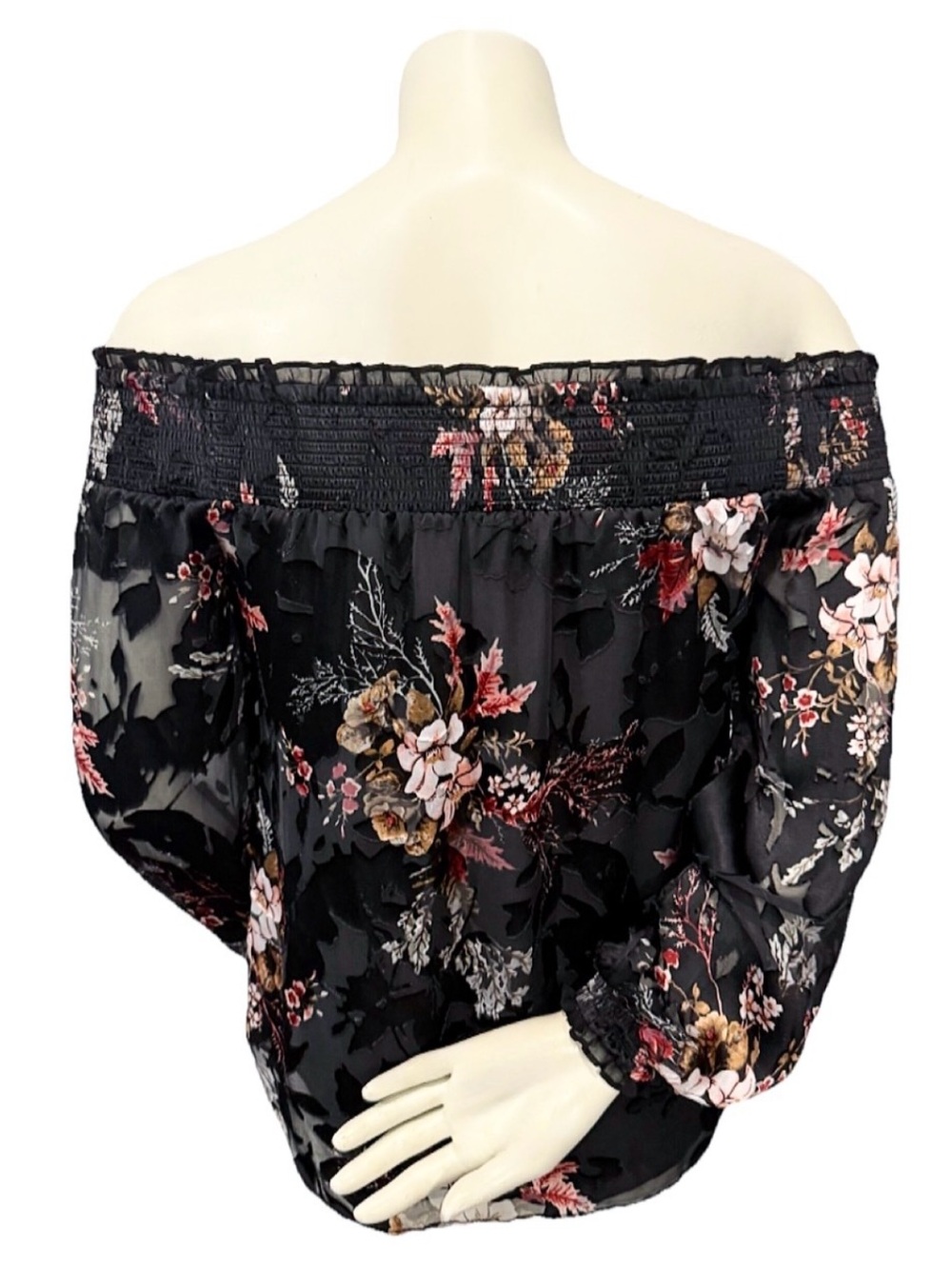 WHBM Black Floral Burnout Silk Off Shoulder Peasant Blouse XS - Picture 4 of 9